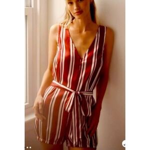 NWT Anthropologie silky pajama‎ Striped V Neck Tie Waist Romper Burgundy White S
